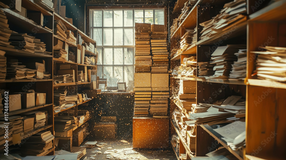Obraz premium Ancient Archive Room with Dusty Shelves Full of Old Documents and Paperwork