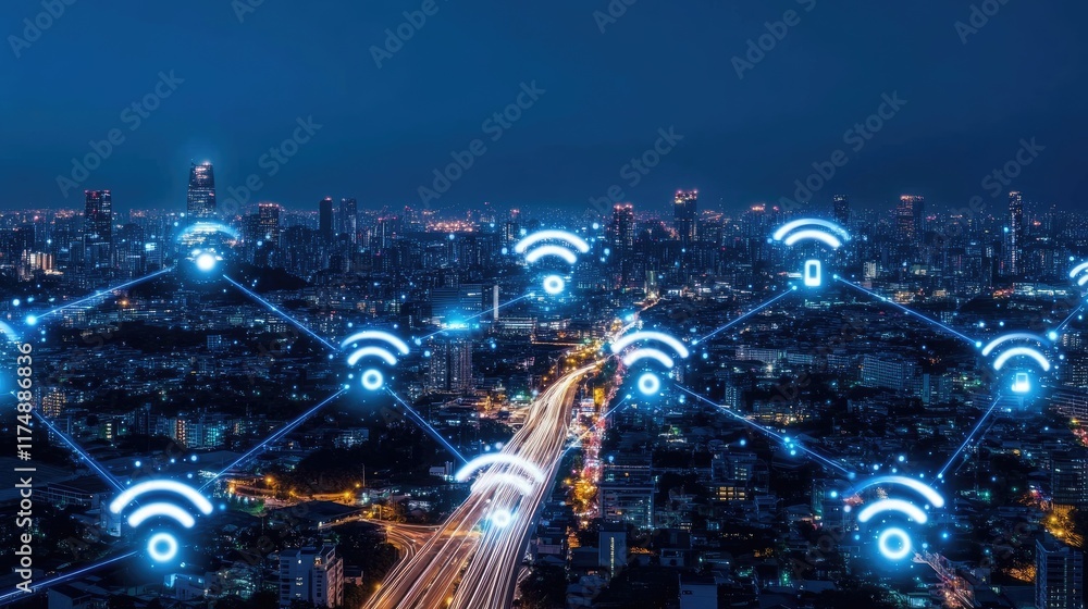 Fototapeta premium Futuristic digital devices connected by wireless signals, glowing circuits, and interactive technology in a high-tech space.