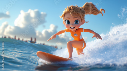 cute 3d female surfer character surfing the crest of a wave