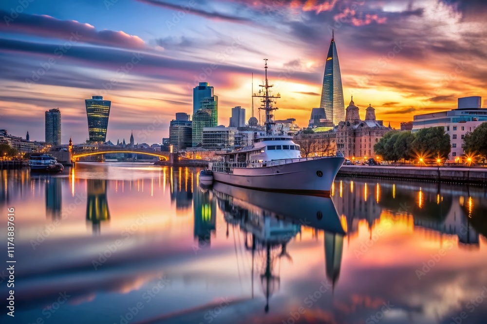Fototapeta premium London Dawn: HMS Belfast & Cityscape, Wide Angle Thames River View