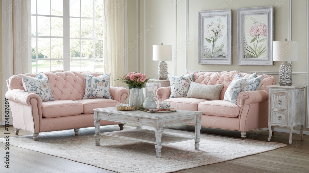 Fototapeta premium A chic pastel living room featuring blush pink furniture, light cream accents, and floral arrangements.