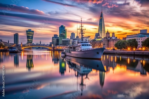 London Dawn: HMS Belfast & Cityscape, Wide Angle Thames River View photo