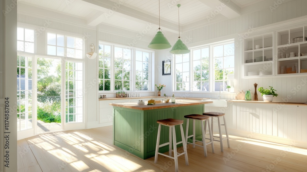 Fototapeta premium Stylish modern cottage kitchen interior featuring a spacious island and contemporary design elements.
