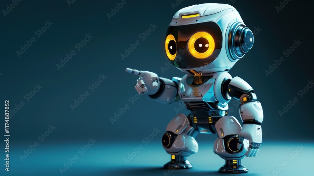 Cute futuristic mini robot pointing finger at copy space on dark blue background, AI generated image Cute futuristic mini robot pointing finger at copy space on dark blue background, AI generated image