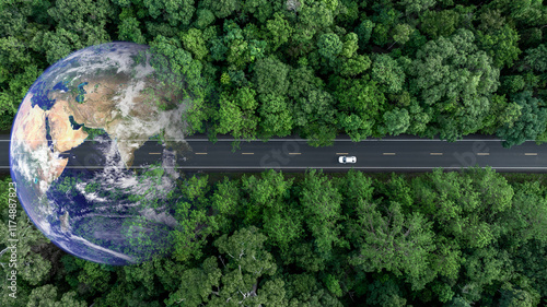 Fotografie Aerial view EV electric vehicle car on middle green tree forest road globe earth planet, EV car electric vehicle car alternative sustainable energy eco power, Green business ecosystem environment