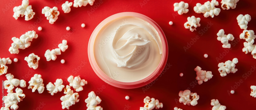 Cosmetic cream surrounded by popcorn on a vibrant cinema-red background