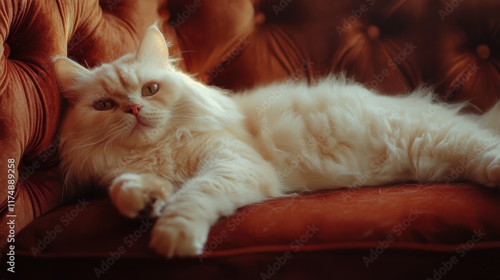A fluffy cream-colored cat relaxing on a vintage orange sofa, exuding tranquility and comfort. A fluffy cream-colored cat relaxing on a vintage orange sofa, exuding tranquility and comfort.