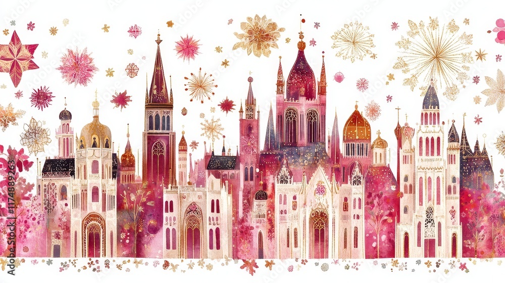 Fototapeta premium Enchanting Fairytale Cityscape with Blossoming Flowers and Fireworks