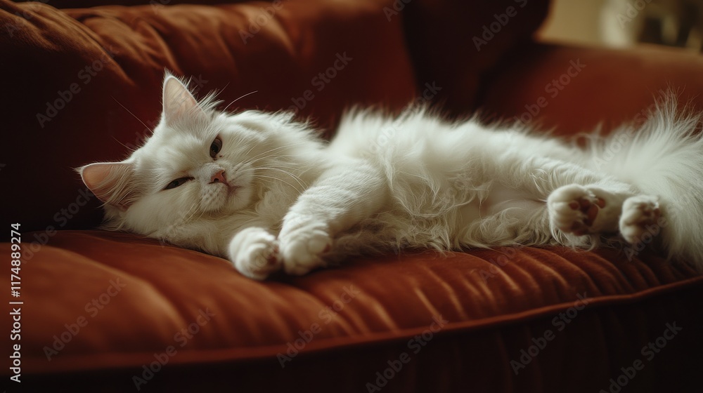 A fluffy white Persian cat lounging on a plush, rust-colored sofa. A fluffy white Persian cat lounging on a plush, rust-colored sofa.