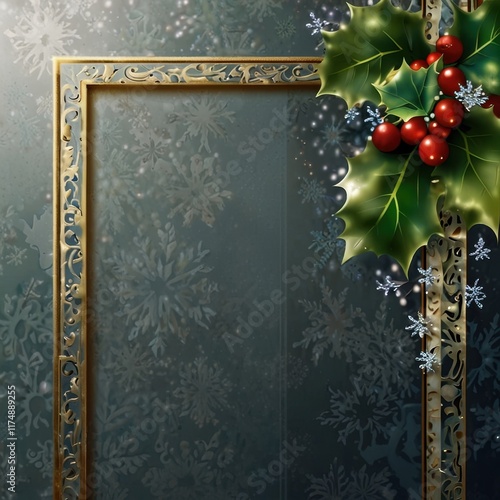 Winter Holiday Background: Ornate Frame, Holly Berries, Snowflakes photo