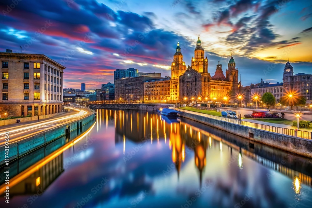 Obraz premium Long Exposure Mersey River, Liverpool Skyline, UK Night Photography