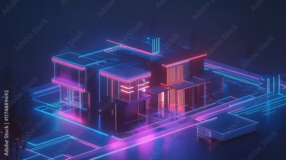 Fototapeta premium Smart home concept with wireless communication, glowing data lines, and connected appliances in a sleek modern design.