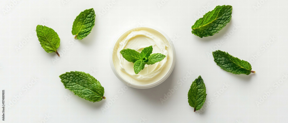 Cream garnished with fresh mint leaves on a clean white background for a refreshing look Cream garnished with fresh mint leaves on a clean white background for a refreshing look
