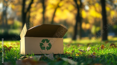 Cardboard box with green recycling symbol, eco-friendly packaging concept representing sustainability and environment photo