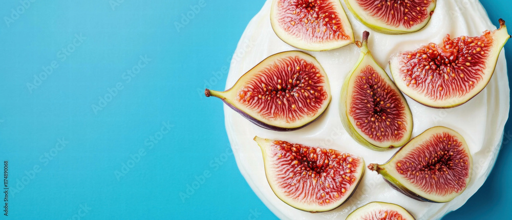 Creamy dessert topped with fresh fig slices on a vibrant blue background Creamy dessert topped with fresh fig slices on a vibrant blue background