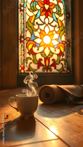 A Tranquil Morning Scene with Herbal Tea and Sunrise Serenity. photo