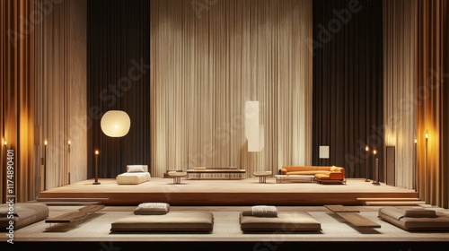 A contemporary stage setting with clean lines, heavy curtains, vintage sconces, and a warm-toned wooden platform.