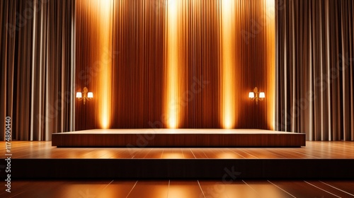 A contemporary stage setting with clean lines, heavy curtains, vintage sconces, and a warm-toned wooden platform.