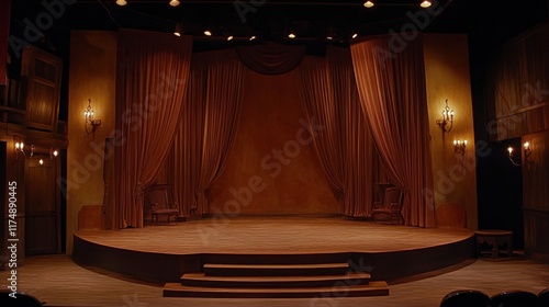 A contemporary stage setting with clean lines, heavy curtains, vintage sconces, and a warm-toned wooden platform.