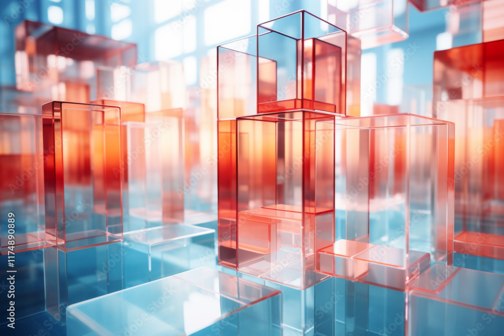 Abstract background of reflective neon purple, blue and orange glass cubes with copy space Abstract background of reflective neon purple, blue and orange glass cubes with copy space