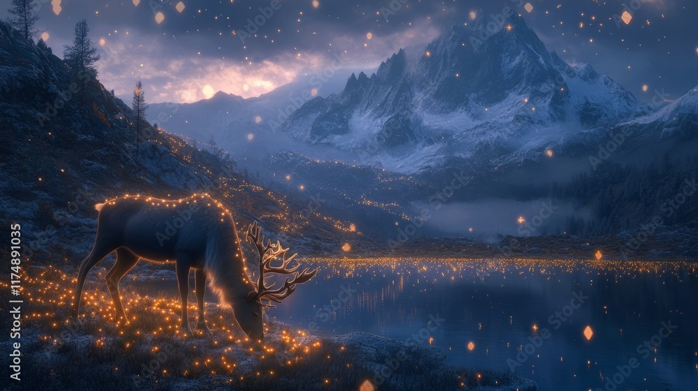 Fototapeta premium Reindeer grazing beside a mountain lake, surrounded by glowing fairy lights