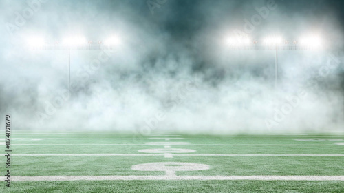 American football field with bright stadium lights and fog, ideal for sports background