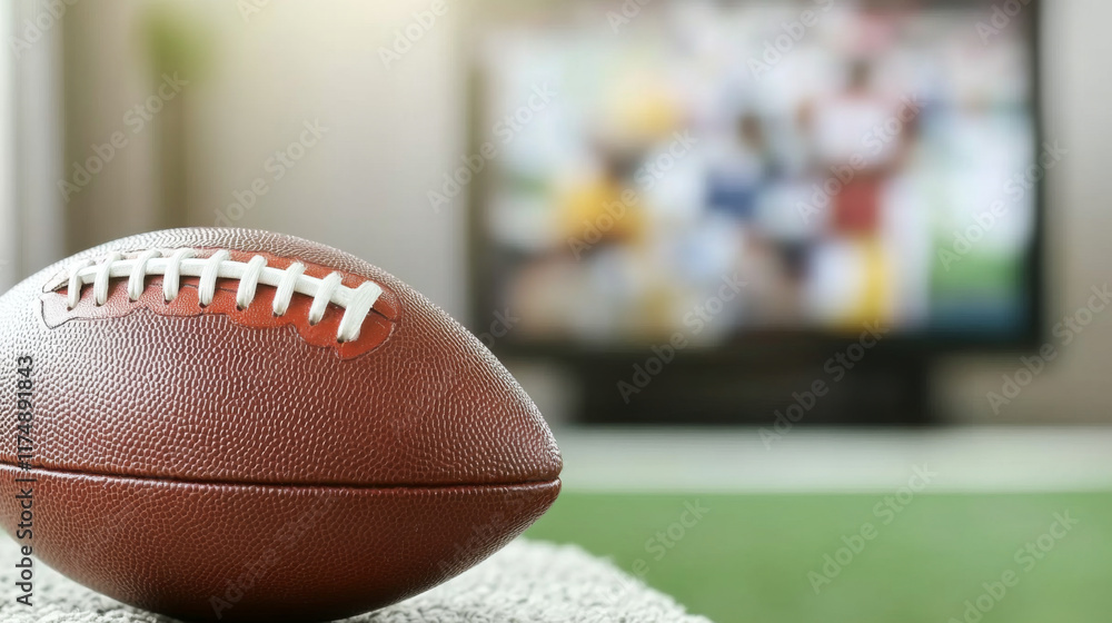 Fototapeta premium American football ball on foreground with blurred sport match on television in background