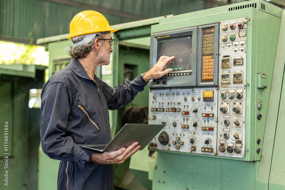 Senior Professional technician engineer male operate control heavy industry machine CNC in factory. Senior Professional technician engineer male operate control heavy industry machine CNC in factory.