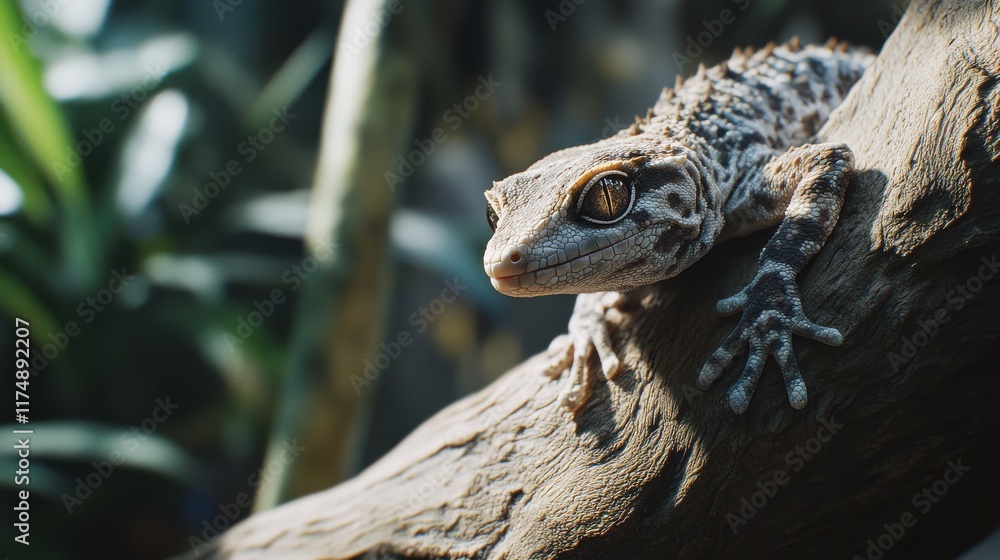 Close-up of a striking gecko resting on a textured branch, showcasing its intricate patterns and vibrant eyes. Close-up of a striking gecko resting on a textured branch, showcasing its intricate patterns and vibrant eyes.