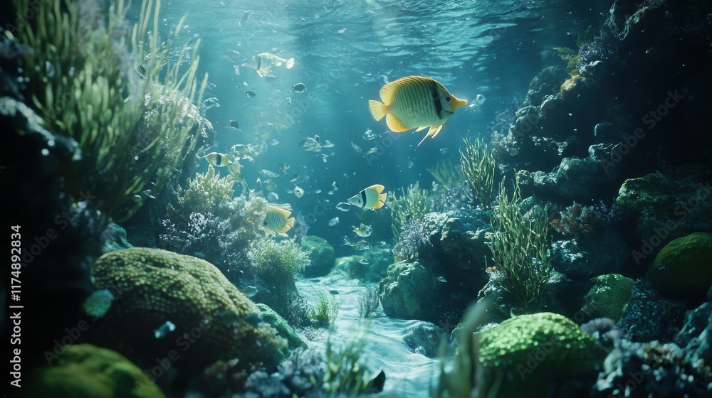 Vibrant underwater scene featuring colorful fish and lush coral reefs in a tranquil ocean habitat. Vibrant underwater scene featuring colorful fish and lush coral reefs in a tranquil ocean habitat.
