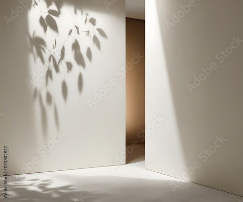 Minimalist Off-White Wall with Leaf Shadows for Product Display photo