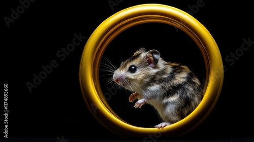 A cute, small striped hamster poses within a bright yellow ring, highlighting its playful demeanor against a dark background. photo