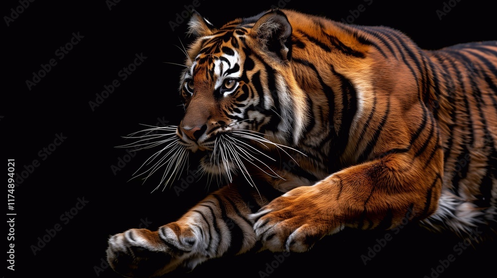 Obraz premium Jumping tiger on black background