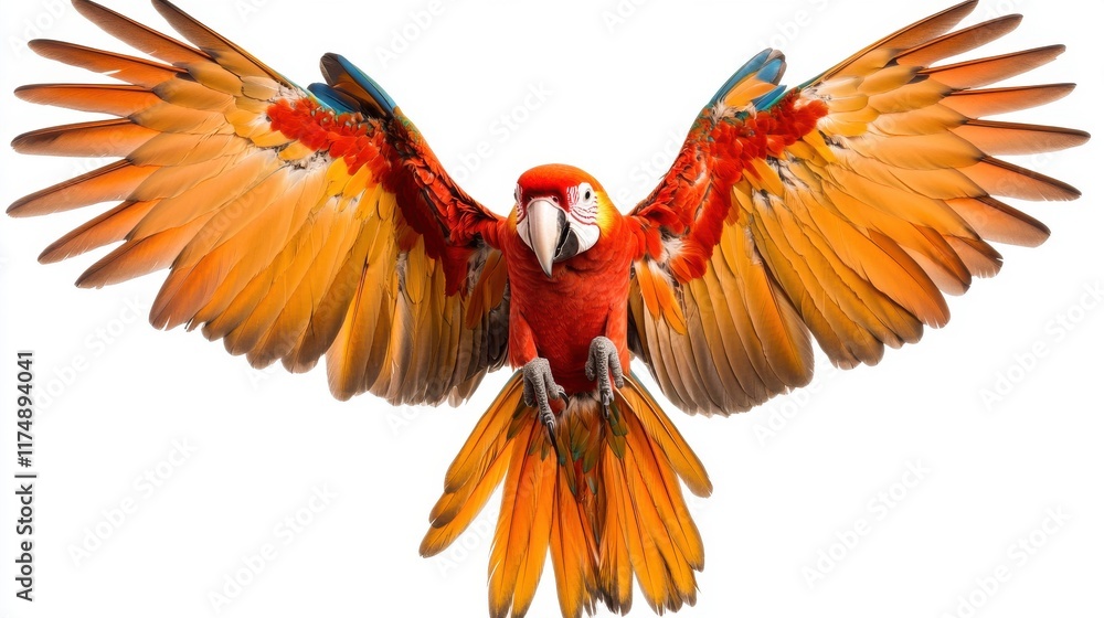 Obraz premium A vibrant scarlet macaw spreads its wings wide, showcasing stunning orange and blue feathers in contrast against a white background.