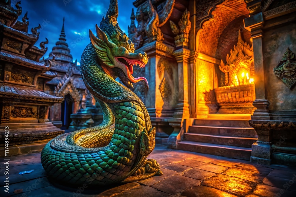 Fototapeta premium Low Light Naga Statue, Phadan Temple, Mystical Serpent, Ancient Hindu Shrine, Night Photography