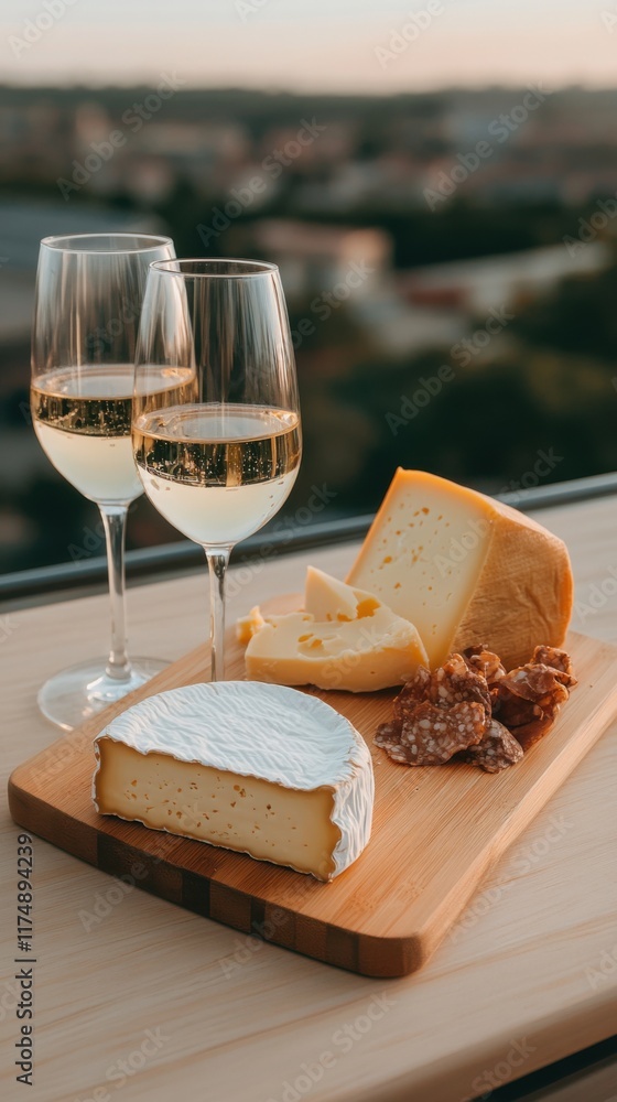 A rooftop setting features two glasses of white wine beside a wooden board with assorted cheeses and charcuterie, overlooking a blurred cityscape. A rooftop setting features two glasses of white wine beside a wooden board with assorted cheeses and charcuterie, overlooking a blurred cityscape.