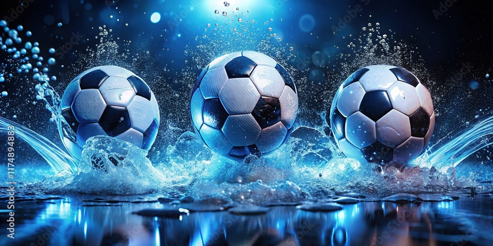 Naklejka premium Energetic Soccer Ball Splash, Vibrant Blue Night Photography Stock Photo