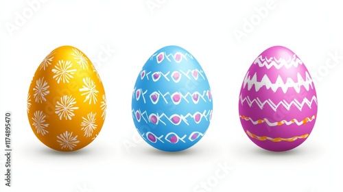 Three eggs with different colors and patterns. The eggs are blue, pink, and yellow. The blue egg has a floral pattern, the pink egg has a striped pattern, and the yellow egg has a polka dot pattern
