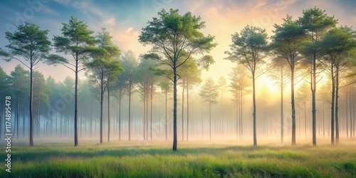 Serene Sunrise in a Misty Pine Forest, Tall Trees Bathed in Golden Light, Peaceful Meadow Landscape