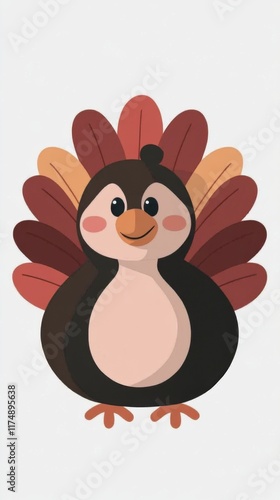 A cute, cartoon-style turkey with colorful feathers stands against a plain background, ideal for Thanksgiving decorations.