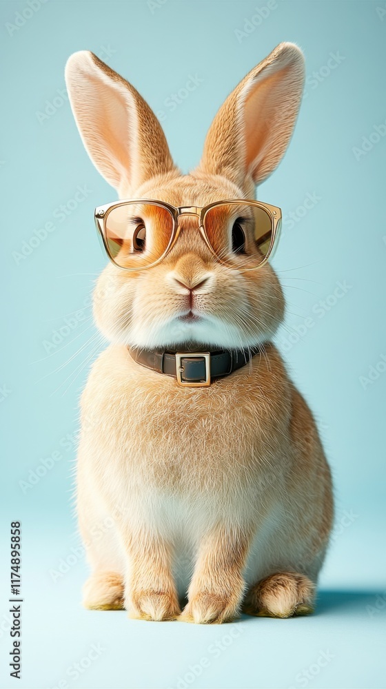Adorable rabbit wearing trendy orange sunglasses against a pastel blue background, exuding a cool and playful vibe. Adorable rabbit wearing trendy orange sunglasses against a pastel blue background, exuding a cool and playful vibe.
