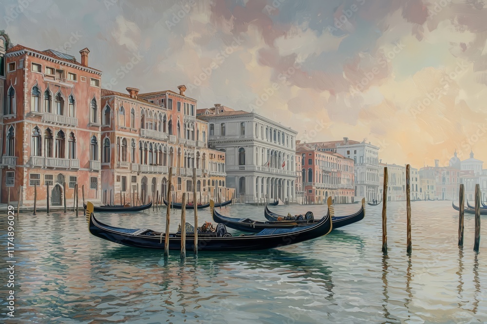 Obraz premium Venetian Gondolas at Dawn: Gondolas glide serenely along the Grand Canal in Venice, Italy, at dawn. The soft light of sunrise casts a magical glow on the historic buildings lining the waterway. 