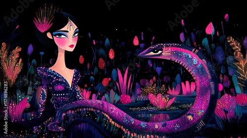 Enchanting Princess Amidst a Night Garden with a Glittering Serpent
