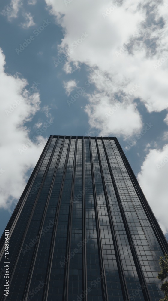 Fototapeta premium A tall, reflective skyscraper stretches into a partly cloudy sky, showcasing modern architectural elegance and urban business environments.