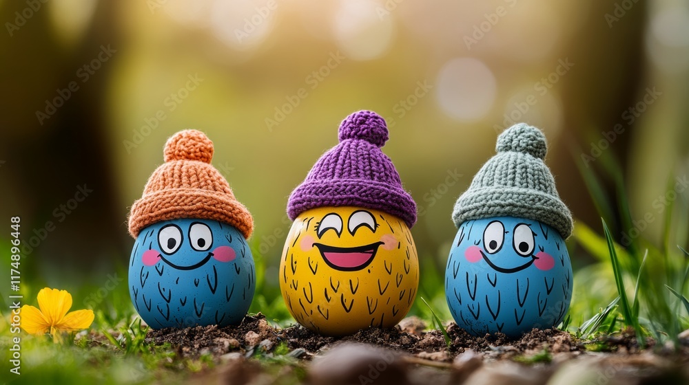 Fototapeta premium Three cartoon faces with hats on a grassy field. Scene is lighthearted and playful