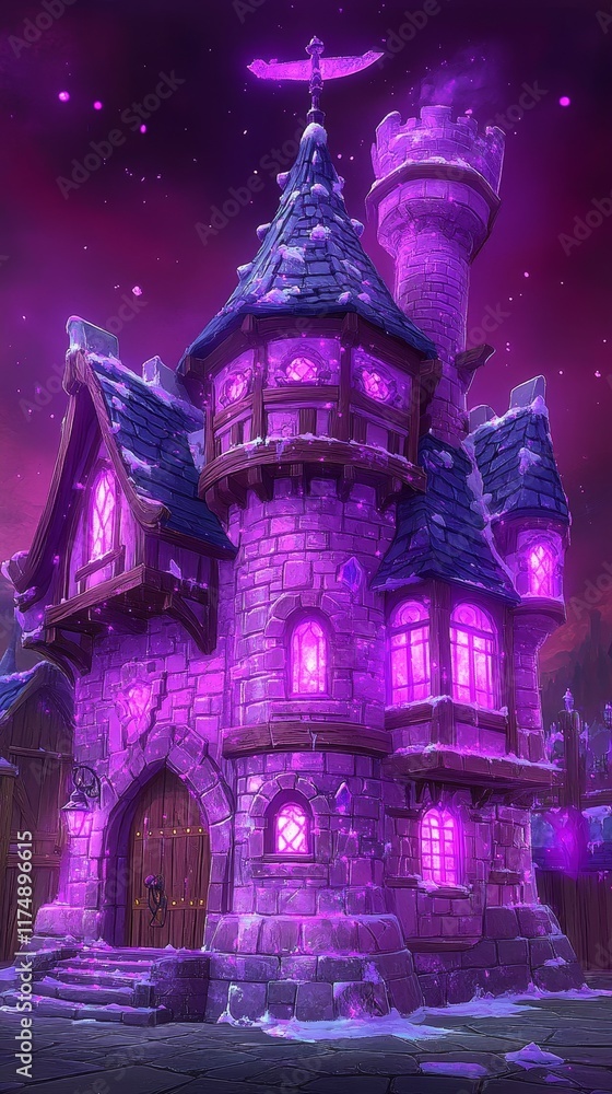 Fototapeta premium Enchanting Purple Castle Under a Starlit, Snowy Night Sky