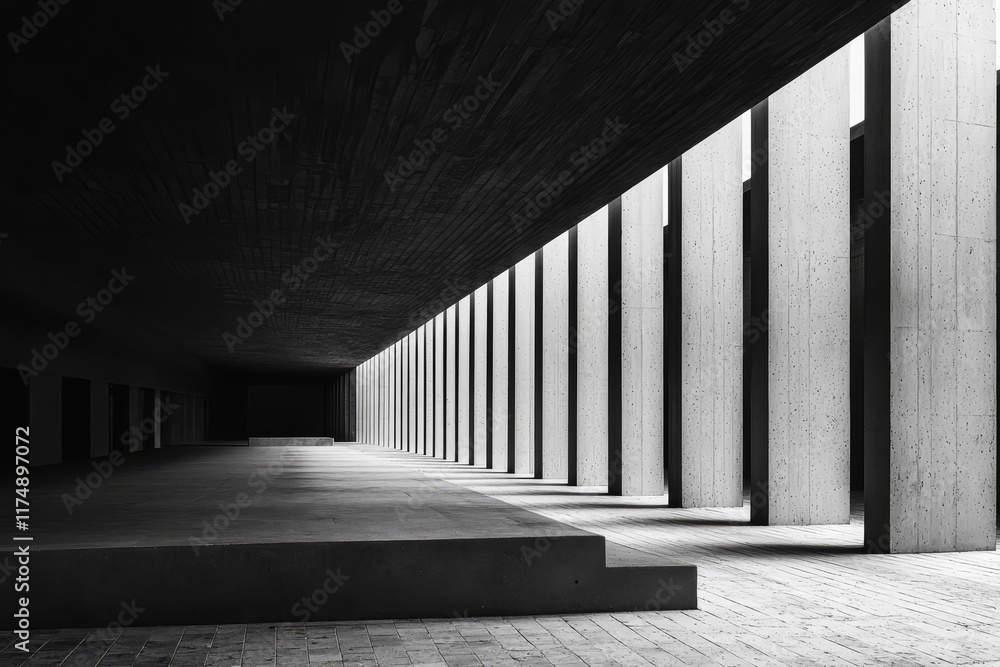 Fototapeta premium Minimalist Concrete Hallway: A stark, minimalist hallway bathed in the soft glow of natural light.