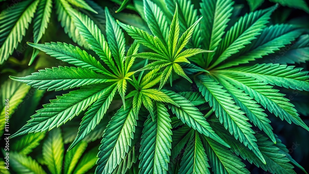 Fototapeta premium Lush Green Cannabis Leaves Close-Up: High-Resolution Stock Photo