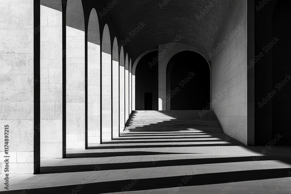 Fototapeta premium Architectural Monochrome: A dramatic black and white photograph showcasing a long hallway with arched columns, creating strong lines and intriguing shadows.