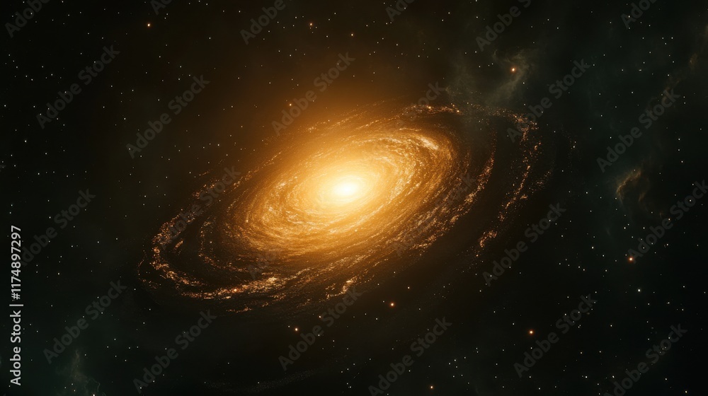A stunning spiral galaxy illuminated by a golden glow, surrounded by shimmering stars in deep space. A stunning spiral galaxy illuminated by a golden glow, surrounded by shimmering stars in deep space.